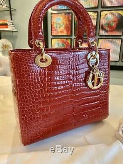Lady Dior Classique Rouge Sac Crocodile Pristine Condition! Certificat Et Réception