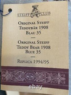 Ours Teddy Steiff Club 1994/95 Bleu 32 cm Édition Limitée en Condition Immaculée